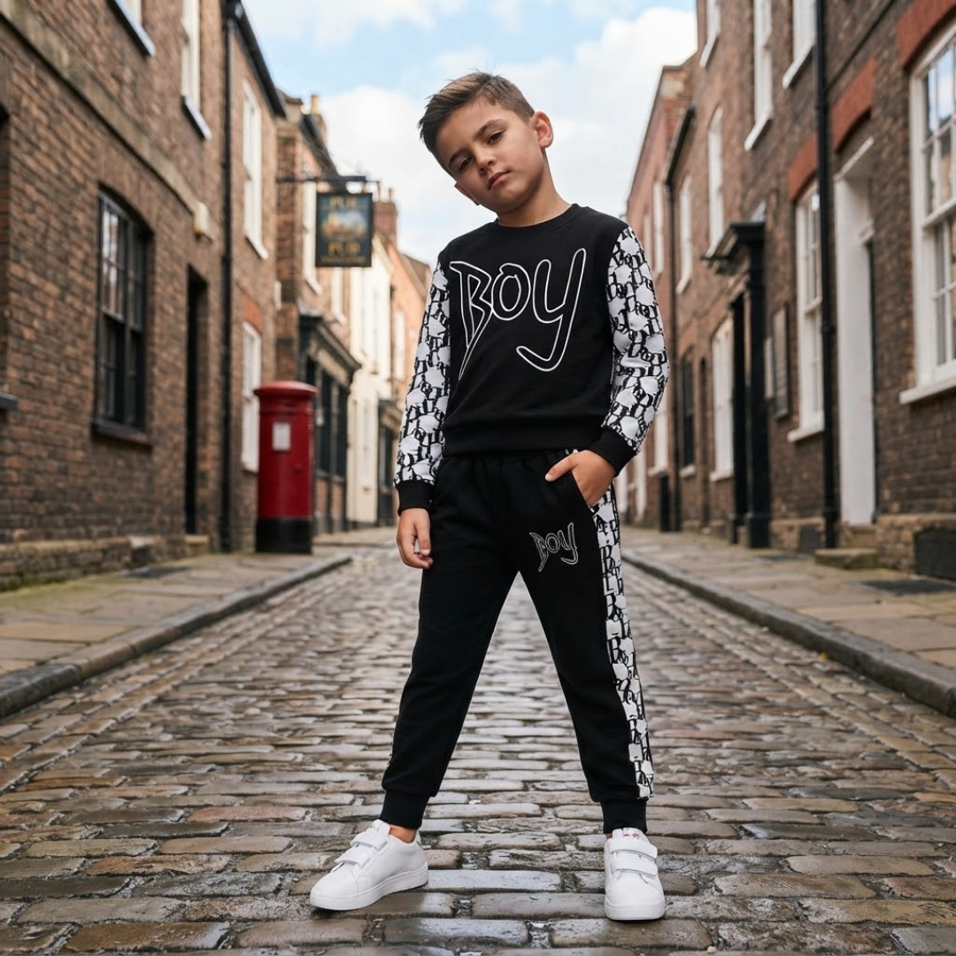 A young boy stands on a cobblestone street wearing a black and white patterned sweatshirt and matching black joggers with white sneakers. The sweatshirt features the word 'BOY' printed across the chest in white.