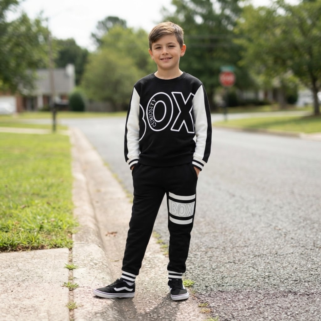A young boy stands on a suburban street wearing a black and white long-sleeve sweatshirt with 'BOX' printed on the front, matching black sweatpants with white stripes, and black sneakers.