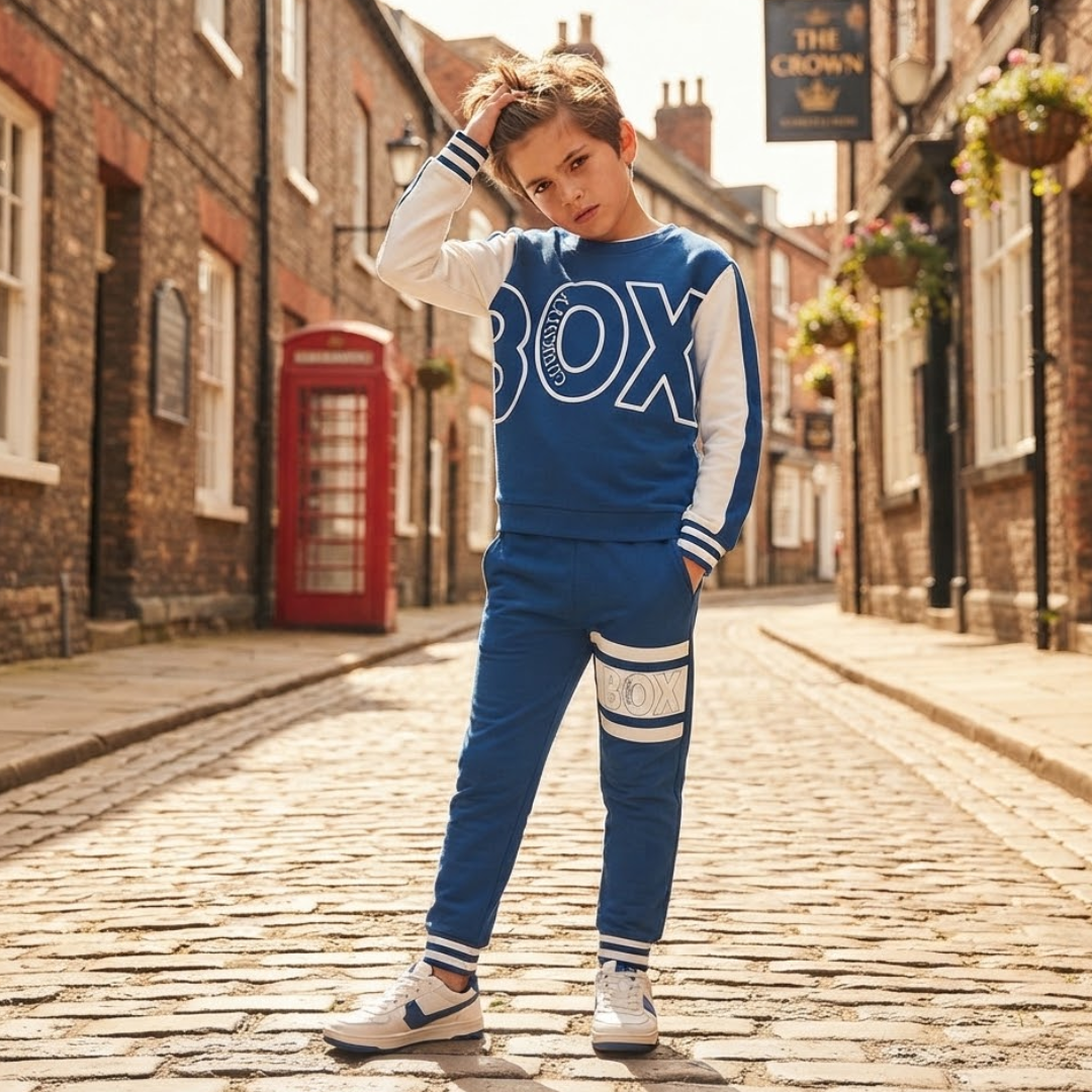 A boy wearing Boys Blue Graffiti Tracksuit standing in the England street