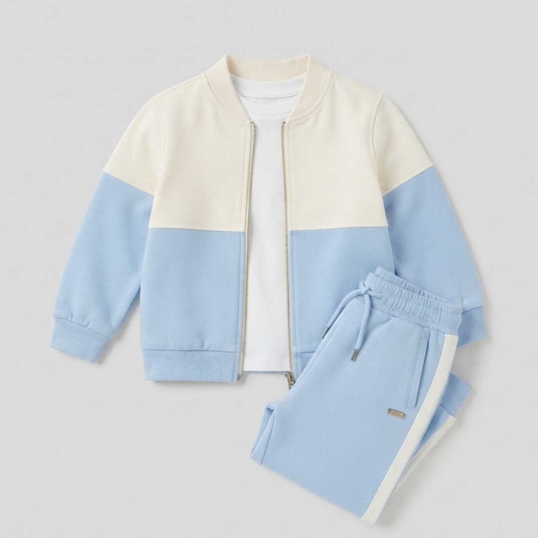 A children's two-piece tracksuit set featuring a color-blocked zip-up jacket and matching sweatpants. The jacket has a cream upper section, light blue lower sleeves and hem, and a white inner layer.