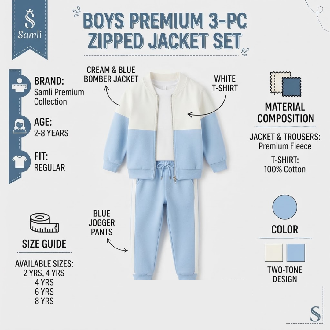 A boys' premium 3-piece zipped jacket set by Samli, featuring a cream and blue bomber jacket, a white t-shirt, and light blue jogger pants, presented on a light gray background with product details, sizing, and color information.