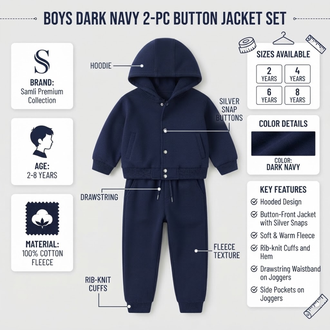 A navy blue boys' button-front jacket and matching pants set presented on a light gray infographic background with labels, feature callouts, age and size information, and a brand mark. The product is shown centered, with surrounding text boxes describing the hoodie, silver snap buttons, fleece texture, drawstrings, and key features.