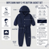 A navy blue boys' button-front jacket and matching pants set presented on a light gray infographic background with labels, feature callouts, age and size information, and a brand mark. The product is shown centered, with surrounding text boxes describing the hoodie, silver snap buttons, fleece texture, drawstrings, and key features.