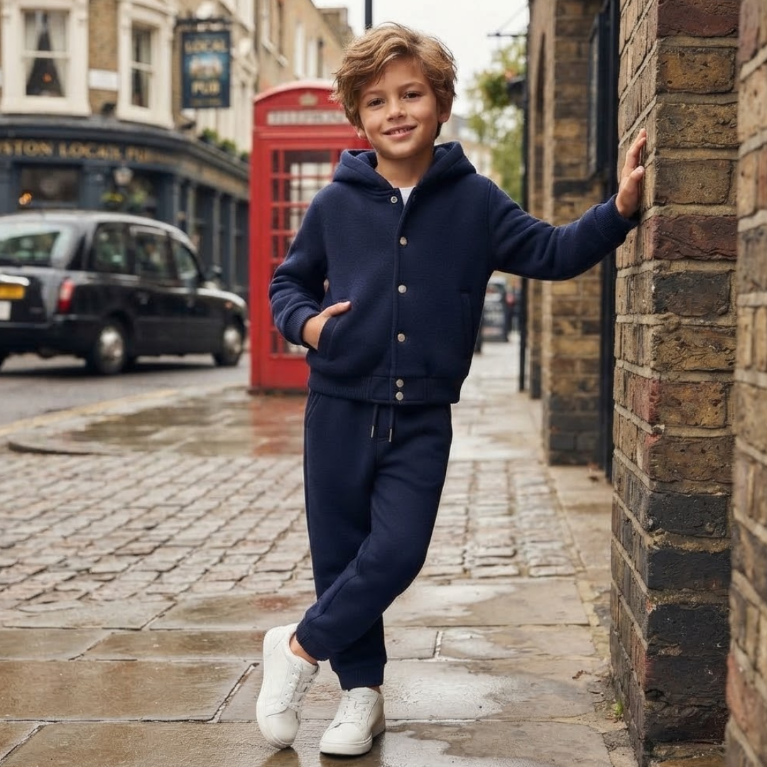 A young boy wearing a navy blue hooded sweatshirt and matching sweatpants stands on a wet cobblestone street next to a brick wall, leaning against the wall and smiling. A red telephone booth and a black cab are visible in the background.