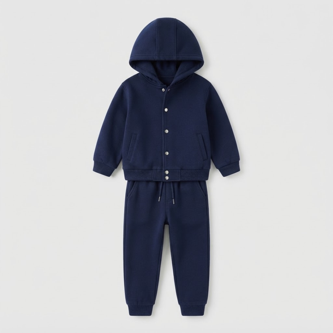 A navy blue children's two-piece tracksuit featuring a button-front hooded sweatshirt and matching jogger pants, displayed on a clean light gray background.