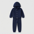A navy blue children's two-piece tracksuit featuring a button-front hooded sweatshirt and matching jogger pants, displayed on a clean light gray background.