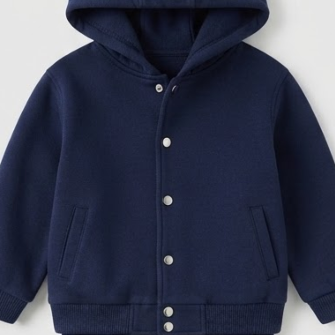 A navy blue hooded cardigan jacket with silver snap buttons, shown against a plain light gray background.