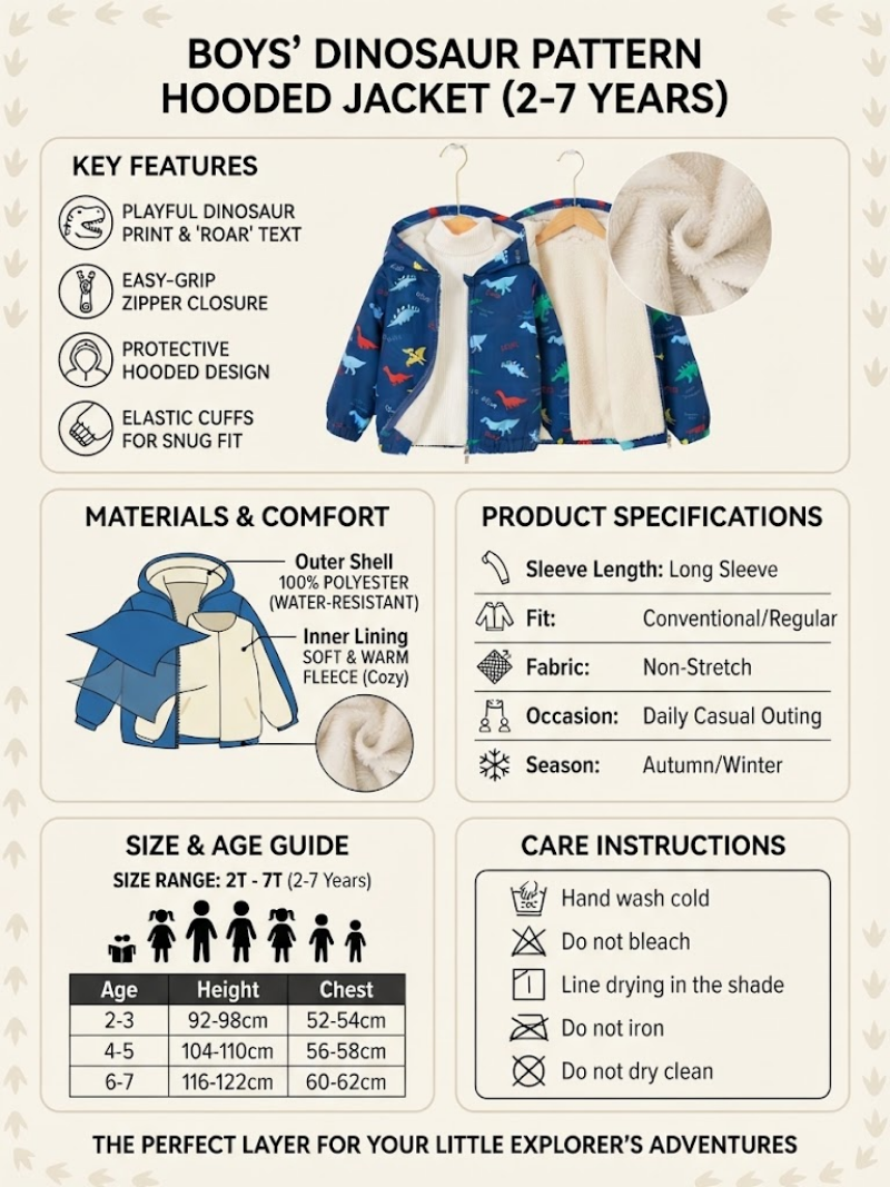 An infographic detailing the features, materials, sizing, and care instructions for a boy's dinosaur-patterned hooded jacket. The jacket is shown in a blue and white print with a cream fleece lining.