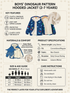 An infographic detailing the features, materials, sizing, and care instructions for a boy's dinosaur-patterned hooded jacket. The jacket is shown in a blue and white print with a cream fleece lining.