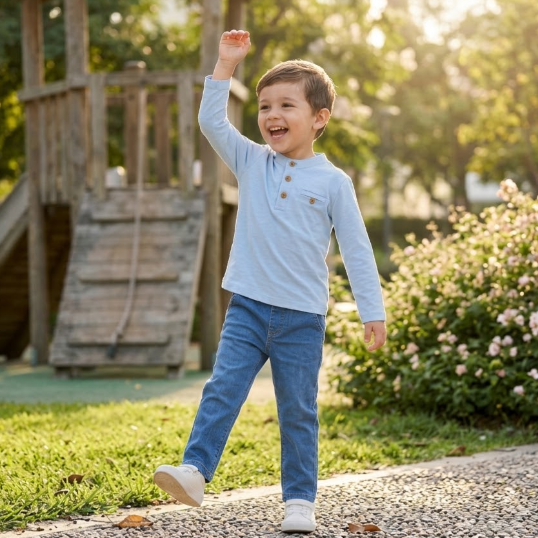 A cheerful toddler boy with arm raised standing outside near a playground, wearing a light blue long-sleeve Henley shirt, denim pants, and white sneakers.