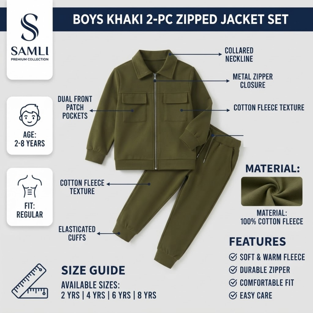 An olive khaki 2-piece zipped jacket and pants set for boys, shown with detailed callout labels and feature icons on a white background. The brand SAMLI is visible in the top left.