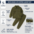An olive khaki 2-piece zipped jacket and pants set for boys, shown with detailed callout labels and feature icons on a white background. The brand SAMLI is visible in the top left.