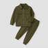 An olive green children's two-piece outfit set consisting of a zip-up jacket with flap chest pockets and matching jogger pants, laid flat on a light gray background.