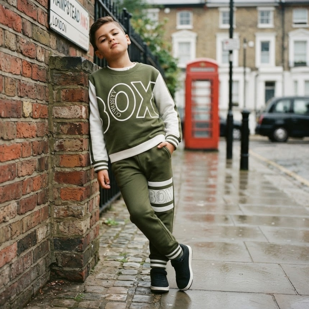 A child wearing an olive green and white 'BOX' sweatshirt and matching sweatpants stands on a wet city sidewalk next to a brick wall, with a red telephone booth and buildings in the background.