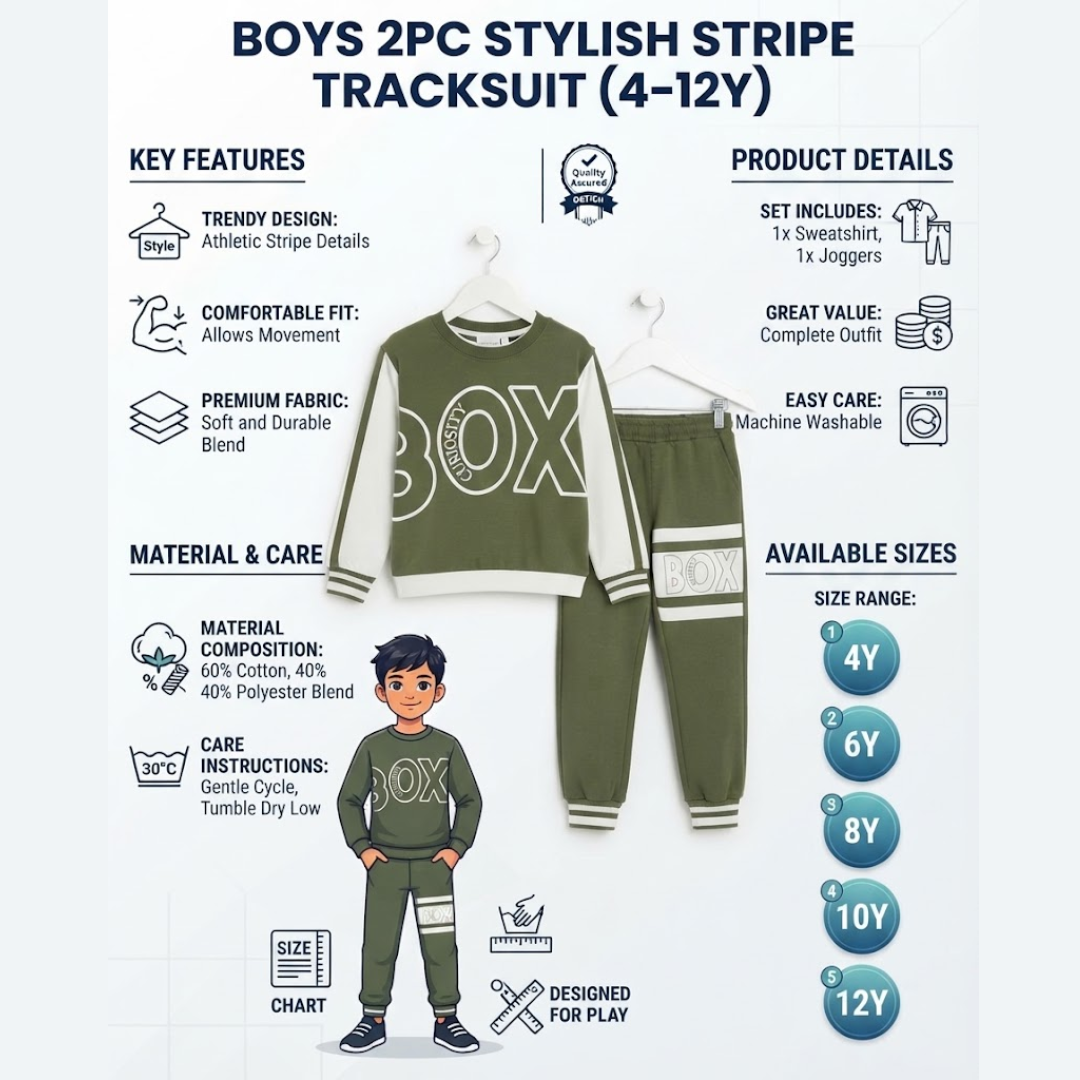 A product infographic for a boys' 2-piece tracksuit in olive green with white stripes. The image features a mockup of the sweatshirt and pants on hangers, a cartoon boy wearing the outfit, and text detailing key features, product details, material composition, care instructions, and available sizes (4Y to 12Y).