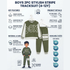 A product infographic for a boys' 2-piece tracksuit in olive green with white stripes. The image features a mockup of the sweatshirt and pants on hangers, a cartoon boy wearing the outfit, and text detailing key features, product details, material composition, care instructions, and available sizes (4Y to 12Y).