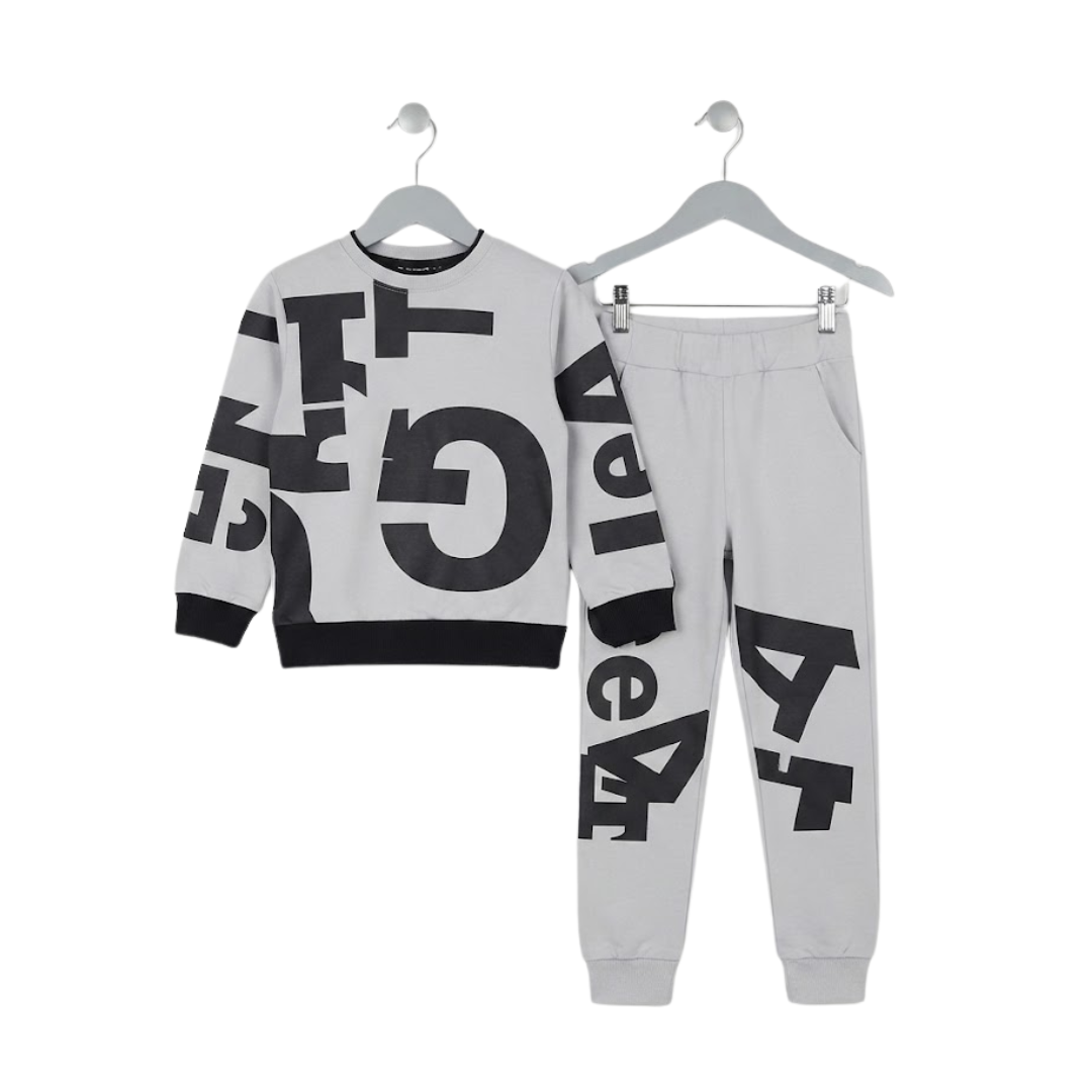 Boys Grey Graffiti Print Tracksuit with white background
