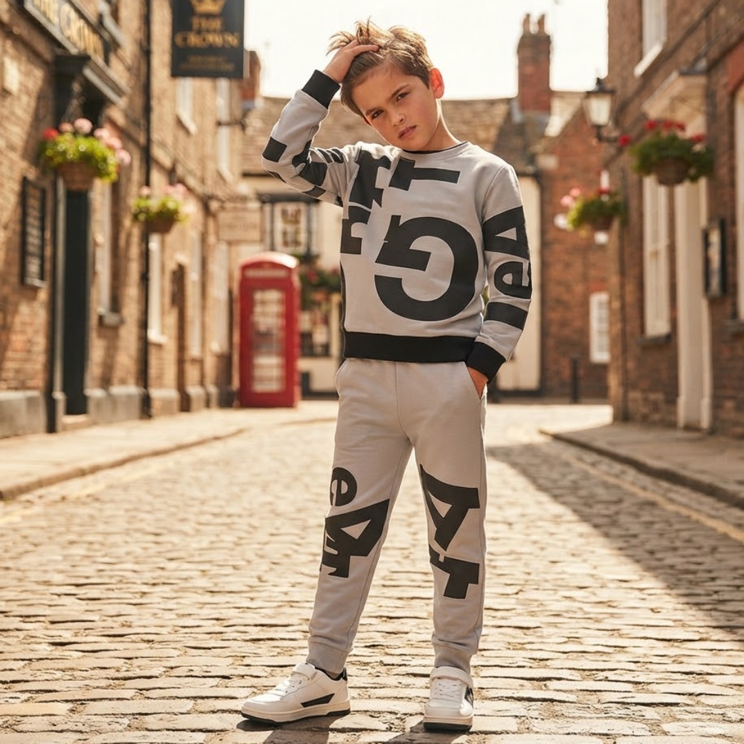 A boy wearing  Grey Graffiti Print Tracksuit standing in England street