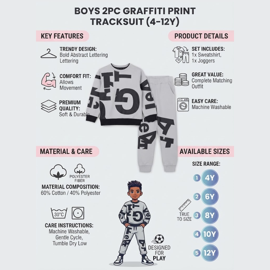 A product infographic for a boys' 2-piece Graffiti print tracksuit (4-12Y) showing a gray and black sweatshirt and matching pants. The graphic includes key features, product details, material and care info, a size range chart, and a cartoon illustration of a boy wearing the outfit.