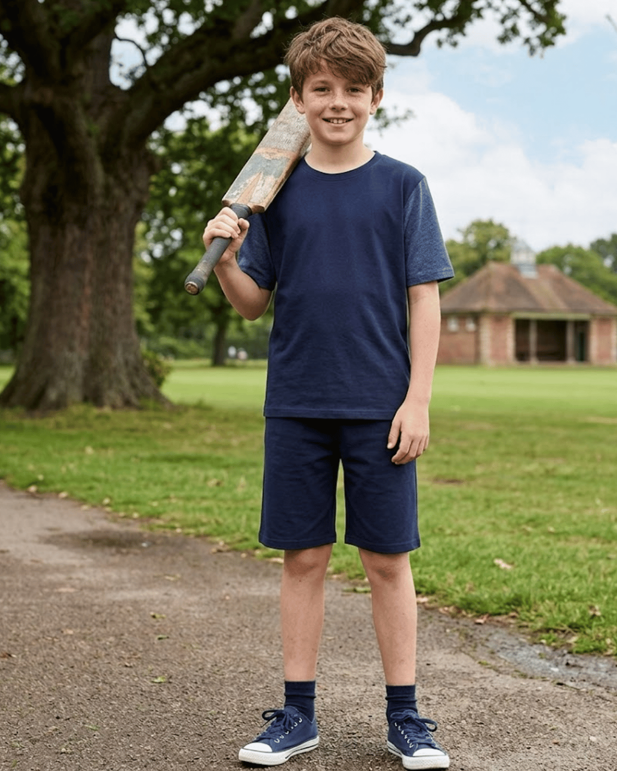 Young boy holding a cricket bat outdoors in a park-like setting