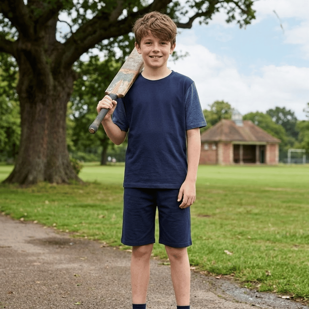 Young boy holding a cricket bat outdoors in a park-like setting