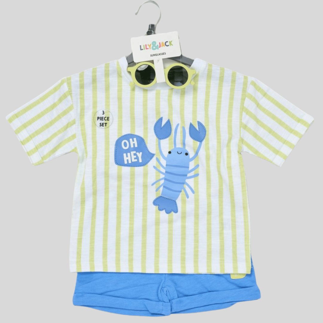 Children's outfit with striped shirt and shorts featuring a lobster design, on a gray background.