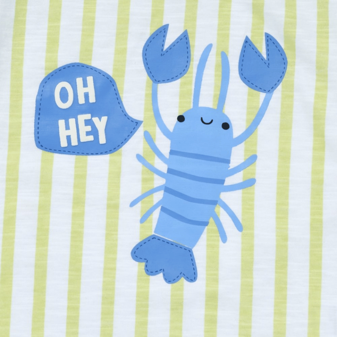 Blue lobster with 'OH HEY' text on a striped background