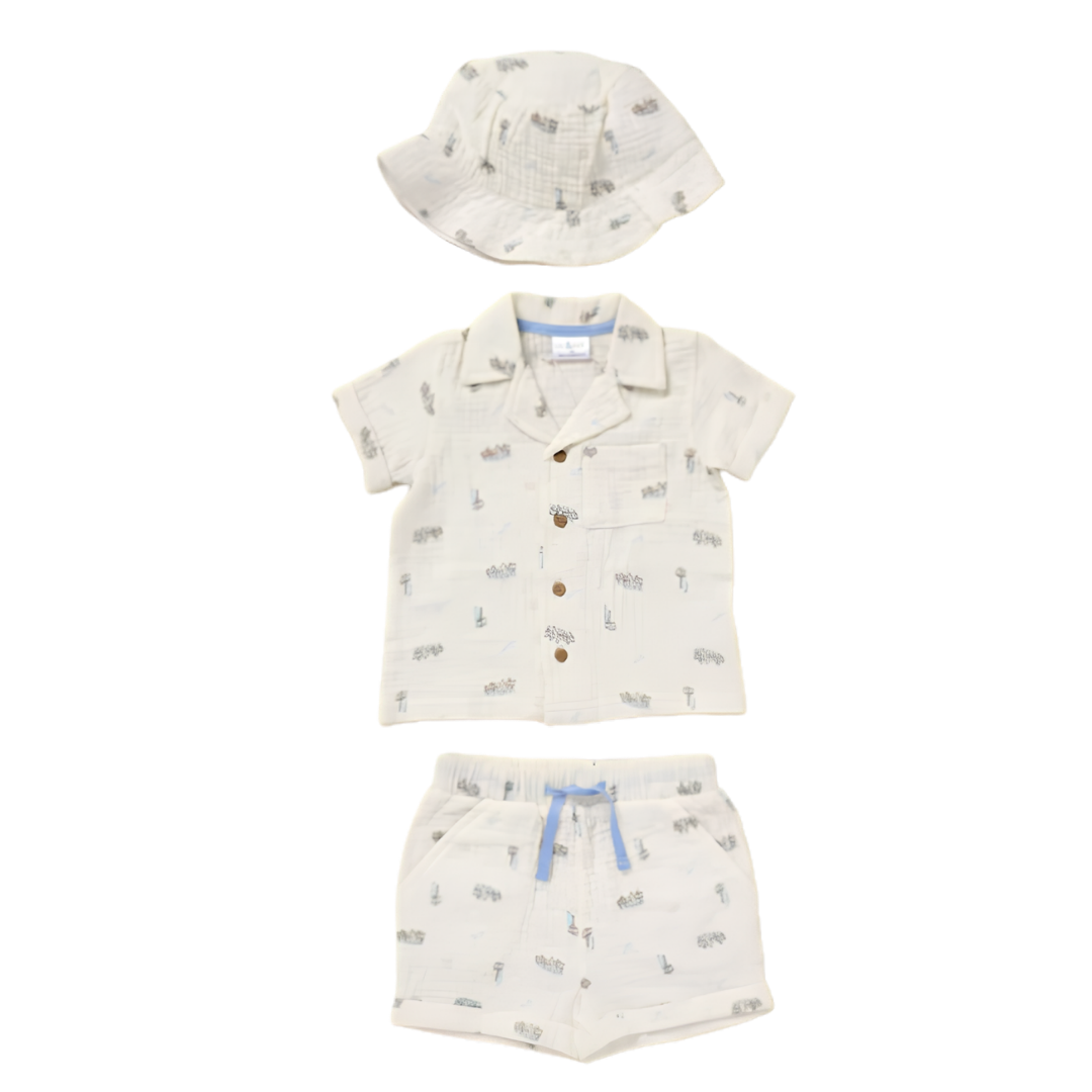 Children's outfit set with shirt, shorts, and hat on a white background