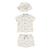 Children's outfit set with shirt, shorts, and hat on a white background