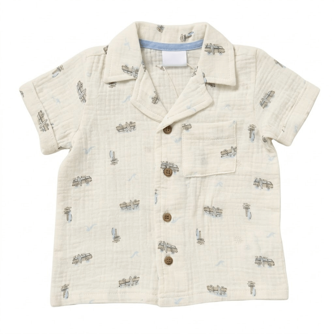 Children's short-sleeve shirt with car pattern on a white background