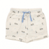 White shorts with blue drawstring and small patterns on a white background