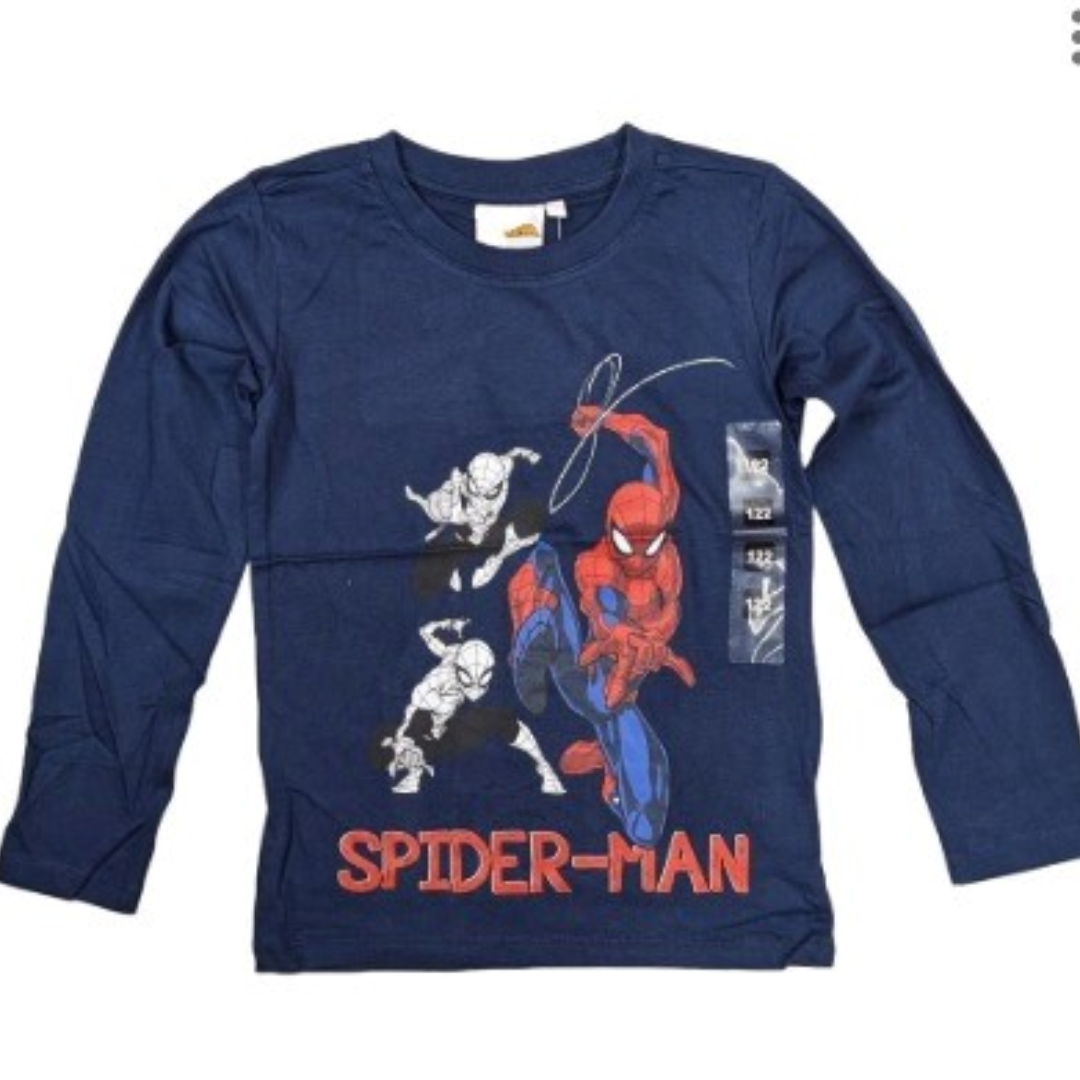 Product specification infographic for the Boys Navy Spider-Man Top (3-9 Years) by Ex-Chain Store, detailing 100% cotton material, care instructions, and a complete size chart from 98cm to 128cm.