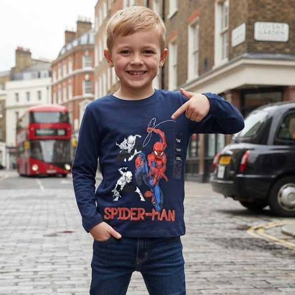 A boy wearing Boys Navy Spider-Man Long Sleeve Cotton Top standing on the road
