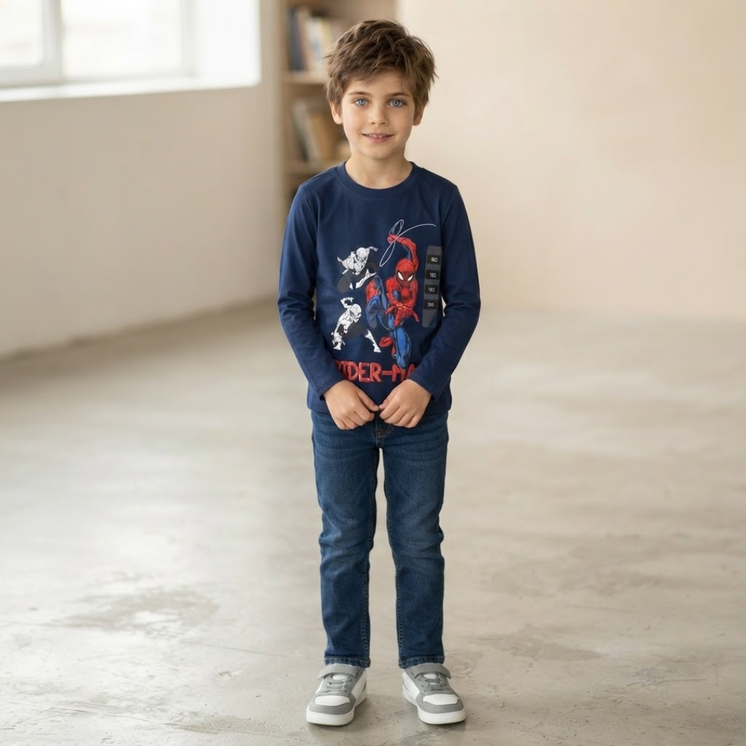 A young boy with tousled brown hair and blue eyes is standing indoors, smiling, wearing a navy long-sleeve t-shirt with a Spider-Man graphic, dark blue jeans, and grey sneakers.