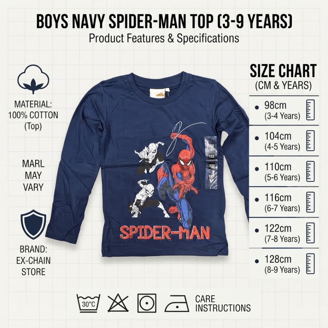 A product infographic for a 'Boys Navy Spider-Man Top (3-9 Years)', detailing product features, material (100% cotton), brand (Ex-Chain Store), care instructions, and a comprehensive size chart from 98cm to 128cm[cite: 20].