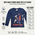 A product infographic for a 'Boys Navy Spider-Man Top (3-9 Years)', detailing product features, material (100% cotton), brand (Ex-Chain Store), care instructions, and a comprehensive size chart from 98cm to 128cm[cite: 20].