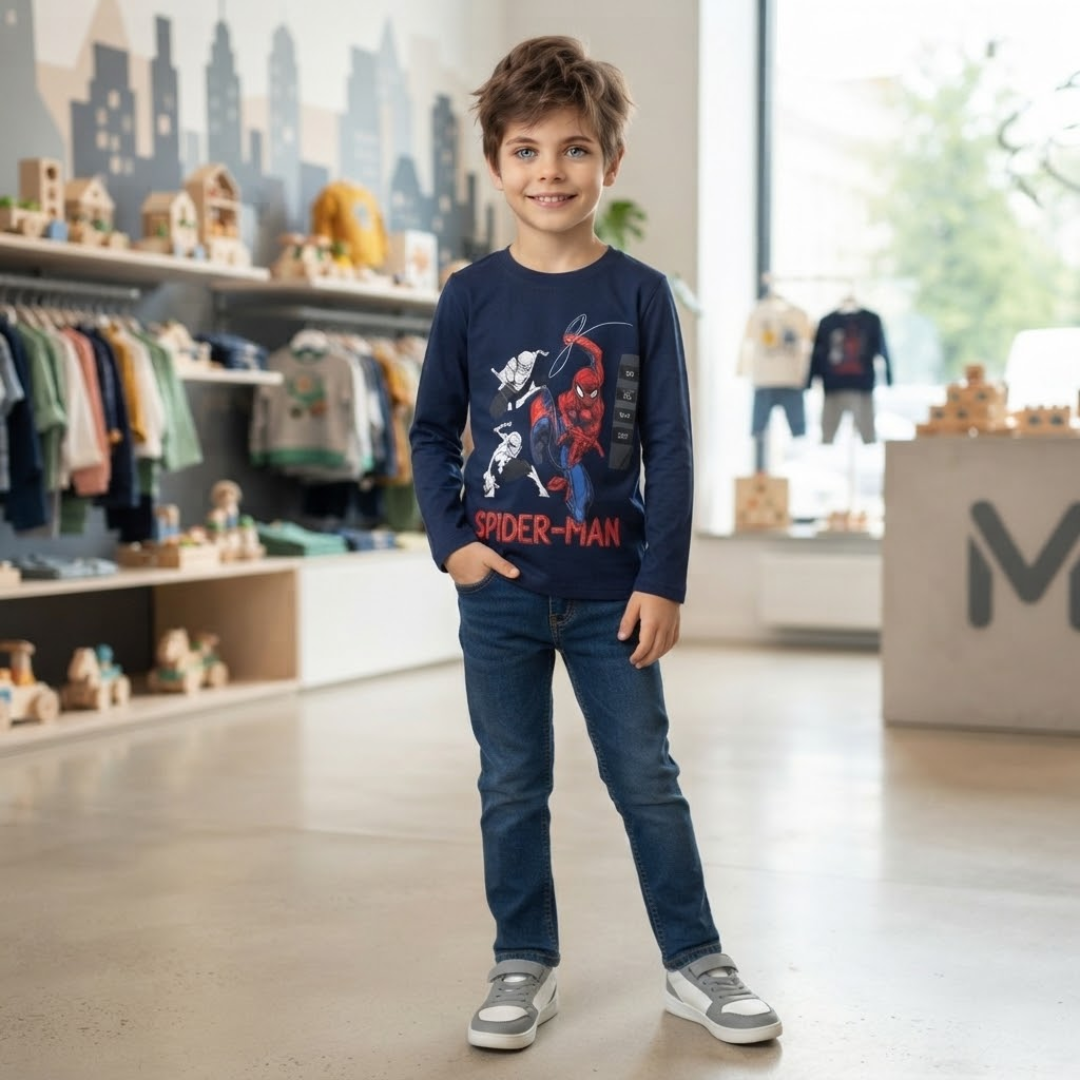 A young boy with tousled brown hair and blue eyes stands centered in a brightly lit children's clothing store, smiling at the camera. He has one hand in his jeans pocket and is wearing a navy long-sleeve t-shirt with a Spider-Man graphic, dark blue jeans, and grey-and-white sneakers. Behind him, store shelves display various children's apparel, toys, and wooden blocks, with a large 'M' logo visible on a counter to the right