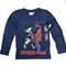 Product specification infographic for the Boys Navy Spider-Man Top (3-9 Years) by Ex-Chain Store, detailing 100% cotton material, care instructions, and a complete size chart from 98cm to 128cm.