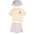 Children's clothing set with t-shirt, shorts, and hat on a white background