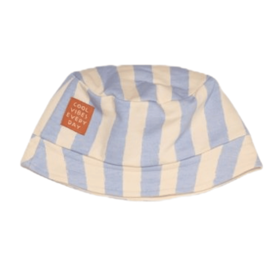 Striped bucket hat with a small patch on a white background