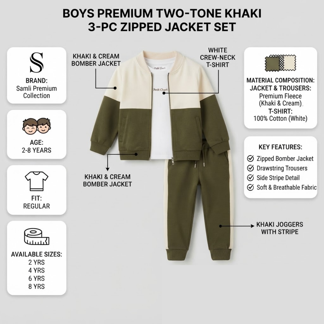 Boys premium two-tone khaki 3-piece zipped jacket set by Samli Premium Collection, featuring a khaki and cream bomber jacket, white crew-neck t-shirt, and khaki joggers with side stripes, shown with informational labels and icons on a light gray background.
