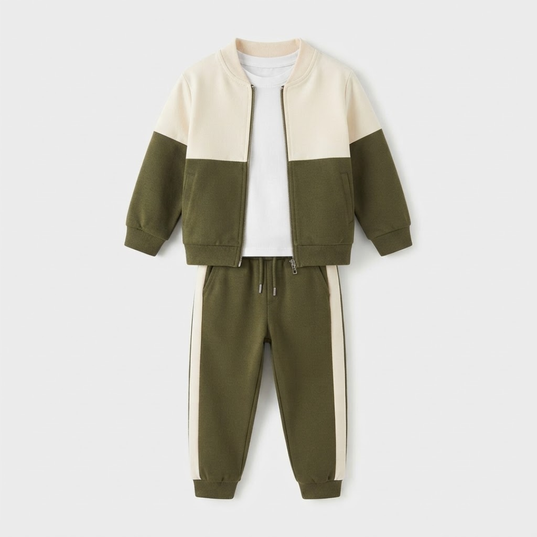 A children's two-piece colorblock tracksuit set featuring a cropped zip-up jacket and matching jogger pants. The jacket has a cream upper section and sleeves, with an olive green lower section and sleeves.