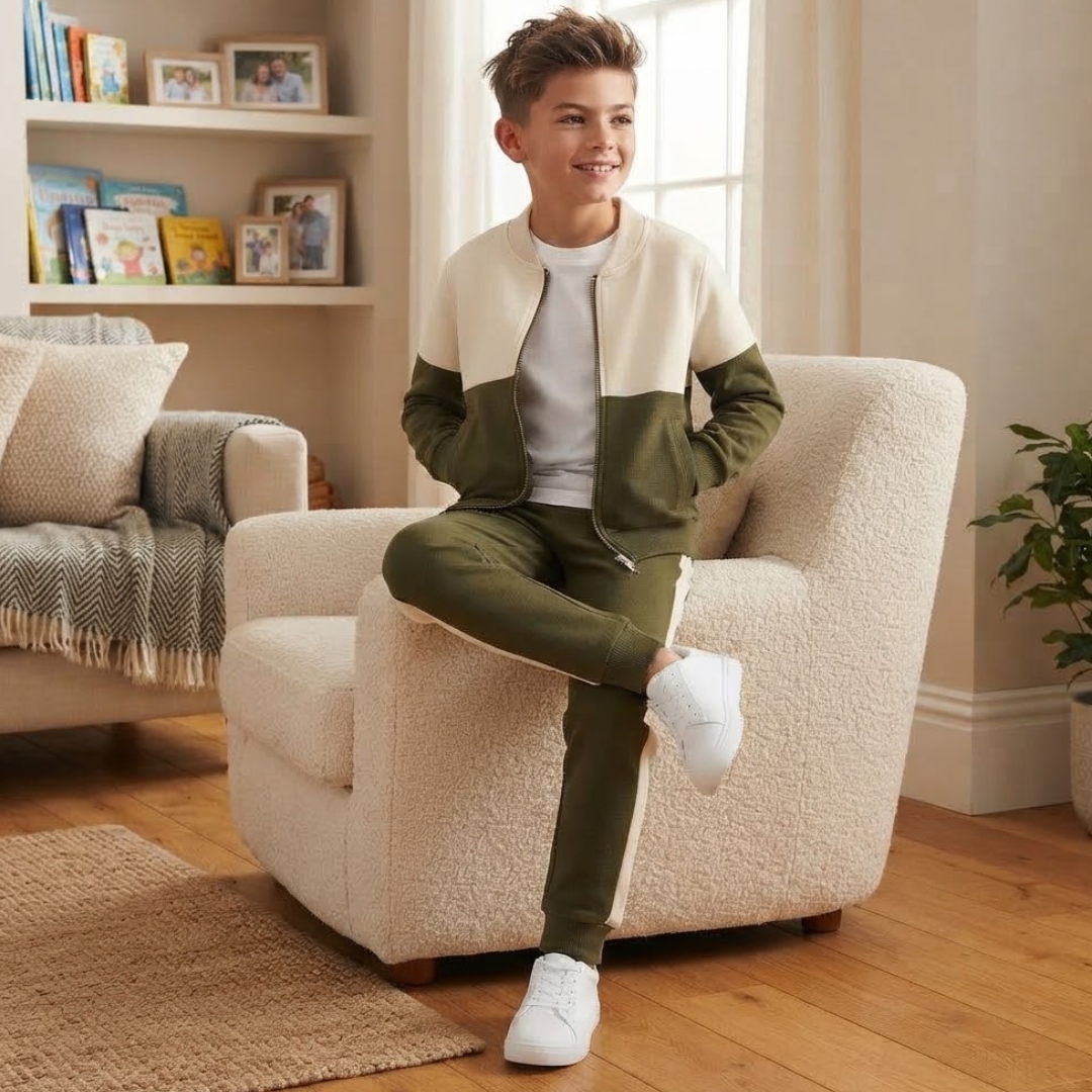 A young boy wearing a color-blocked zip-up jacket and matching trousers in cream and olive green, sitting on a cream boucle armchair in a bright, modern living room.