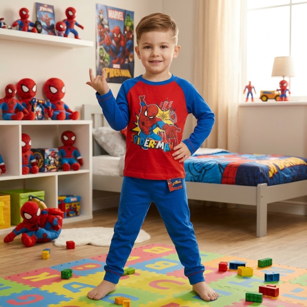 Young boy smiling while wearing a red and blue Spider-Man long-sleeve pajama set in a bedroom with Spider-Man themed decor.