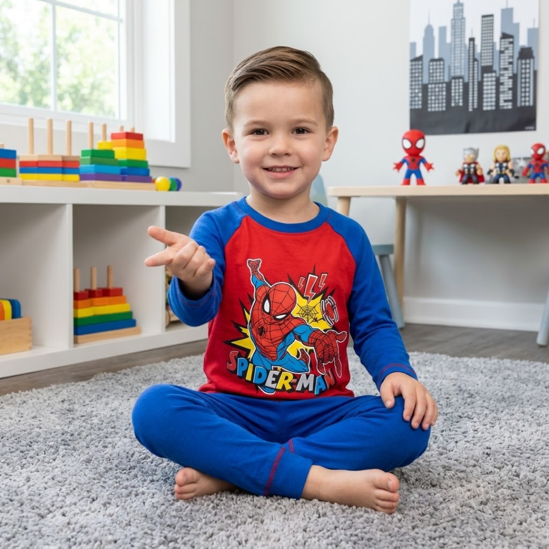 Young boy sitting cross-legged on a grey rug wearing a red and blue Spider-Man pajama set, with toys and a city skyline poster in the background
