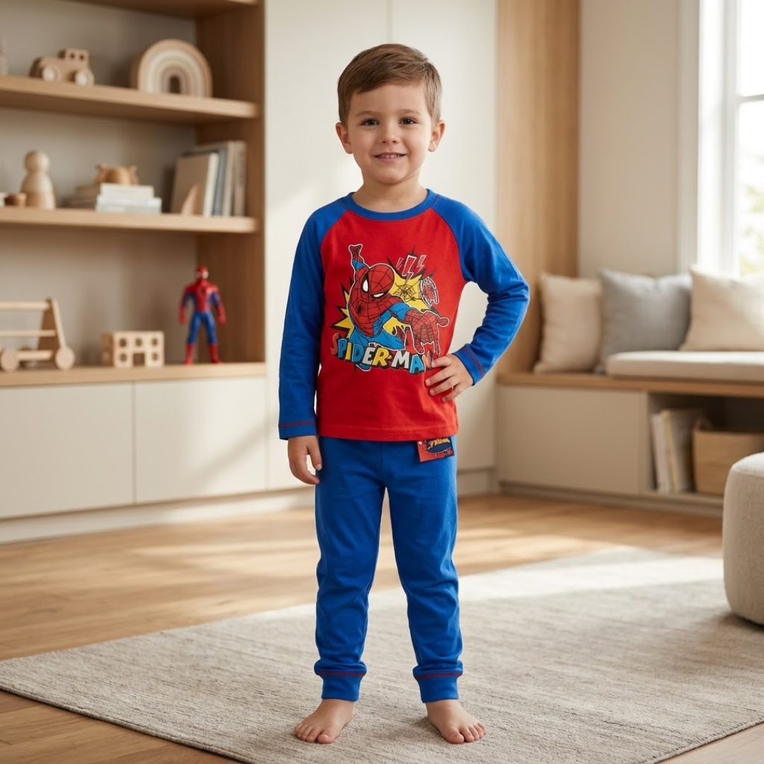 Young boy standing in a modern, brightly lit room wearing a red and blue Spider-Man long-sleeve pajama set with one hand on his hip.