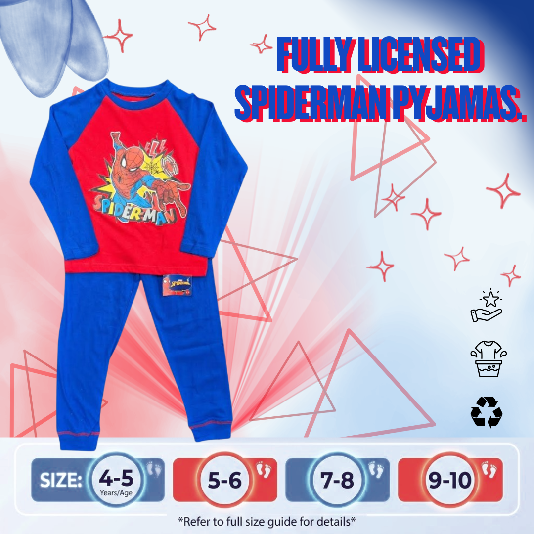 Promotional image for fully licensed Spider-Man pyjamas featuring the red and blue pajama set on the left, text stating "FULLY LICENSED SPIDERMAN PYJAMAS" at the top right, and size options ranging from 4-5 to 9-10 years displayed at the bottom.