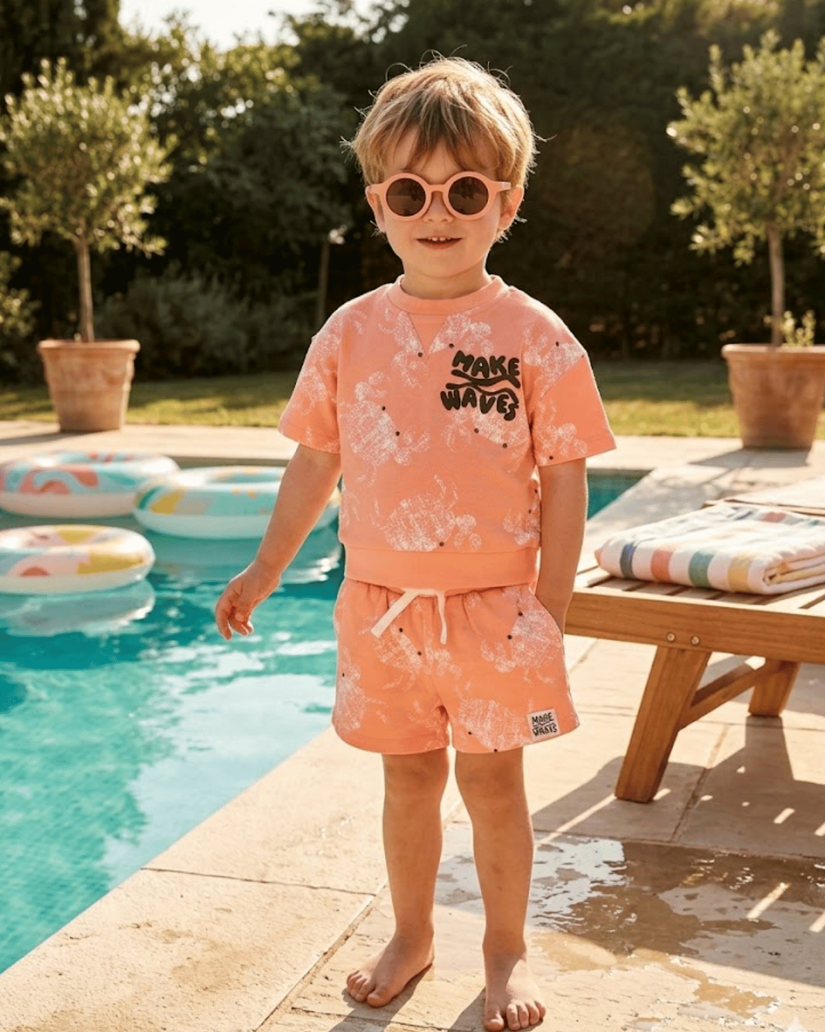 Child in peach swimwear with sunglasses standing by a pool