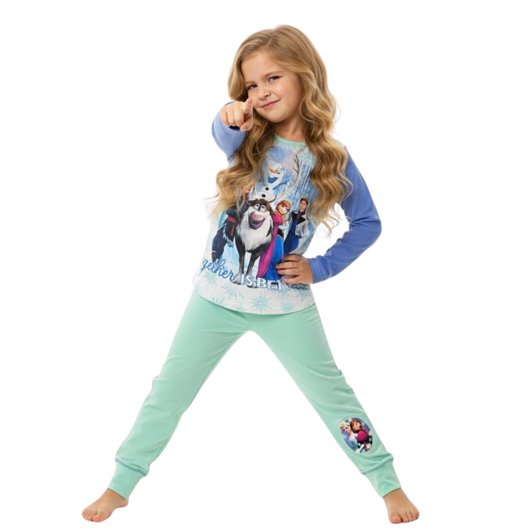 Child wearing a Frozen-themed pajama set on a white background