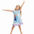 Child wearing a Frozen-themed nightshirt with arms raised on a white background